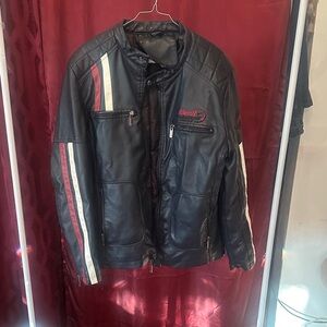 Men's Black Leather Performance Jacket with White and Red Stripes